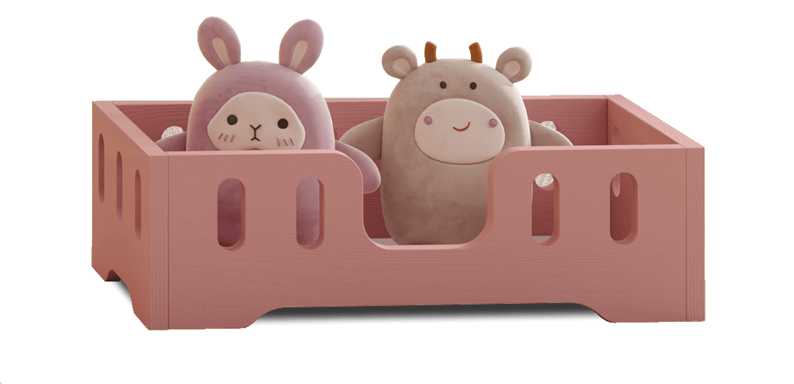 Holzpuppenbett mit länglichen Aussparungen in den Schutzgittern aus Kiefernsperrholz in Rosa